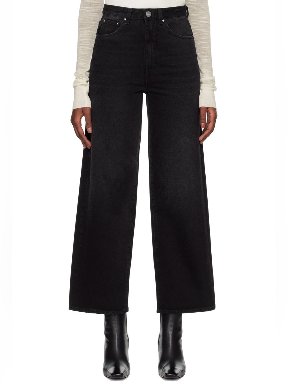 Toteme Casual Black Flare Fit Denim Wide-Leg High-Rise Cropped Jeans